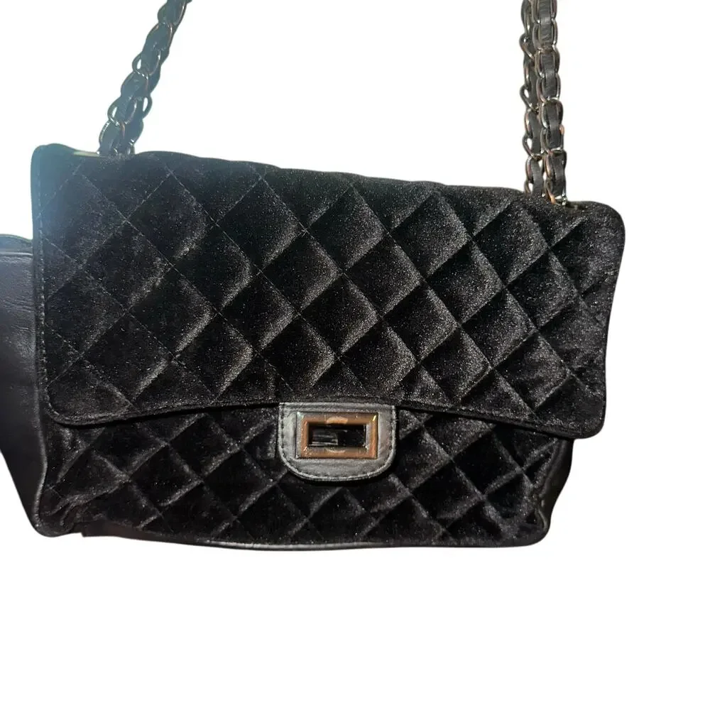 Italian Quilted Velvet and Leather Shoulder Bag Chain Strap Black Luxury